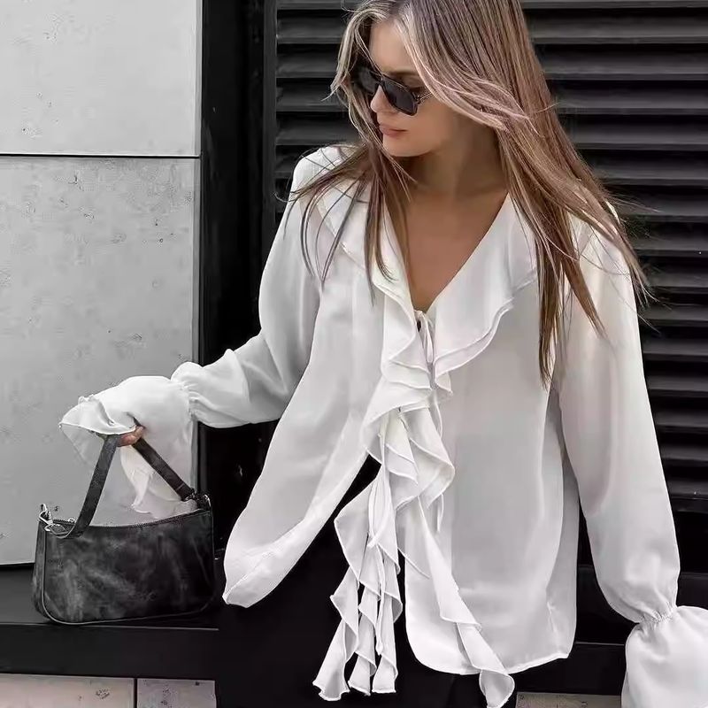European and American Frill Bell Sleeve V-neck Lace-up Shirts V-Neck Shirt with Flared Sleeves