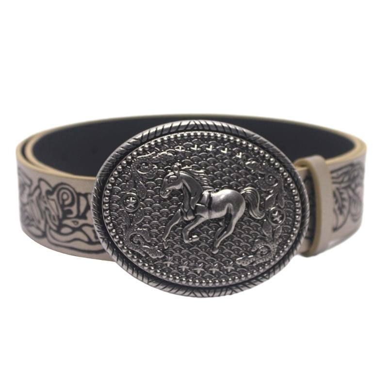 Floral Engraved PU Belt for Jeans Women Vintage Horse Pattern Buckle Waist Belt