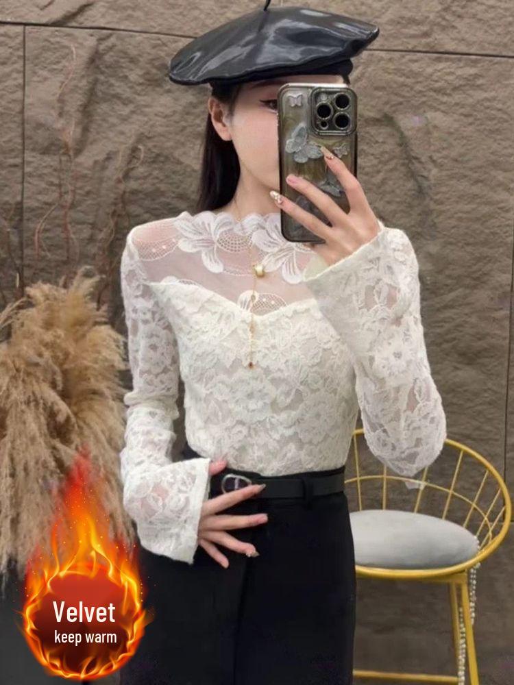 Elegant Lace Shirt for Women, Fleece-Lined Patchwork Base Layer Top for Autumn Winter