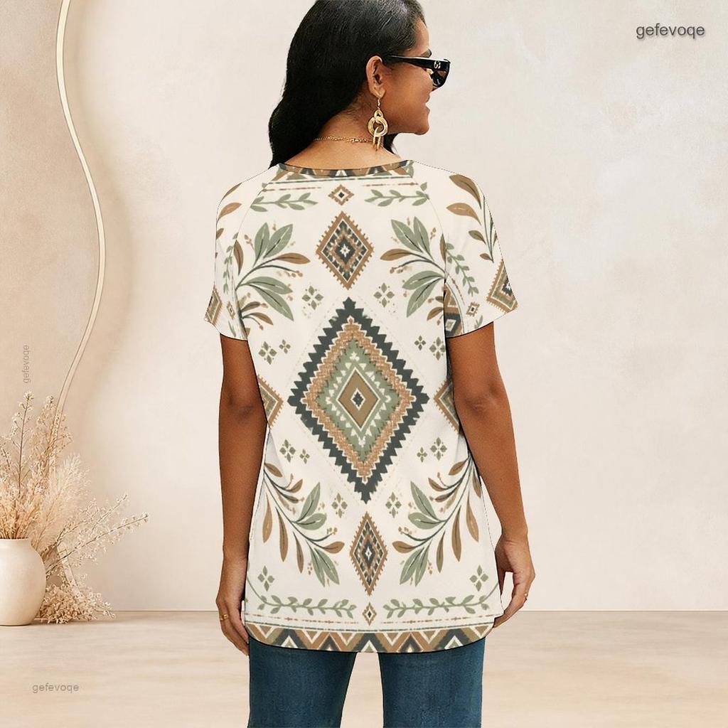 Women Plus Size Ethnic Printed V Neck Ring Zip Short Sleeve Loose Curved Hem Shirt