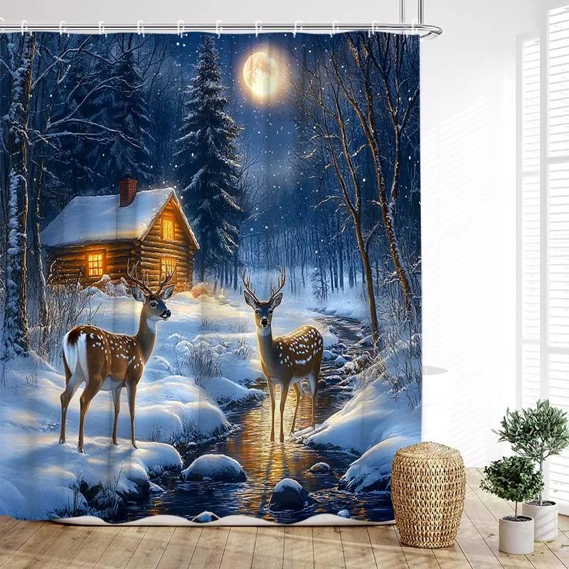 Christmas Reindeer Shower Curtain Winter Xmas Trees Full Moon Moose New Year Home Bathroom Decoration Bath Curtains
