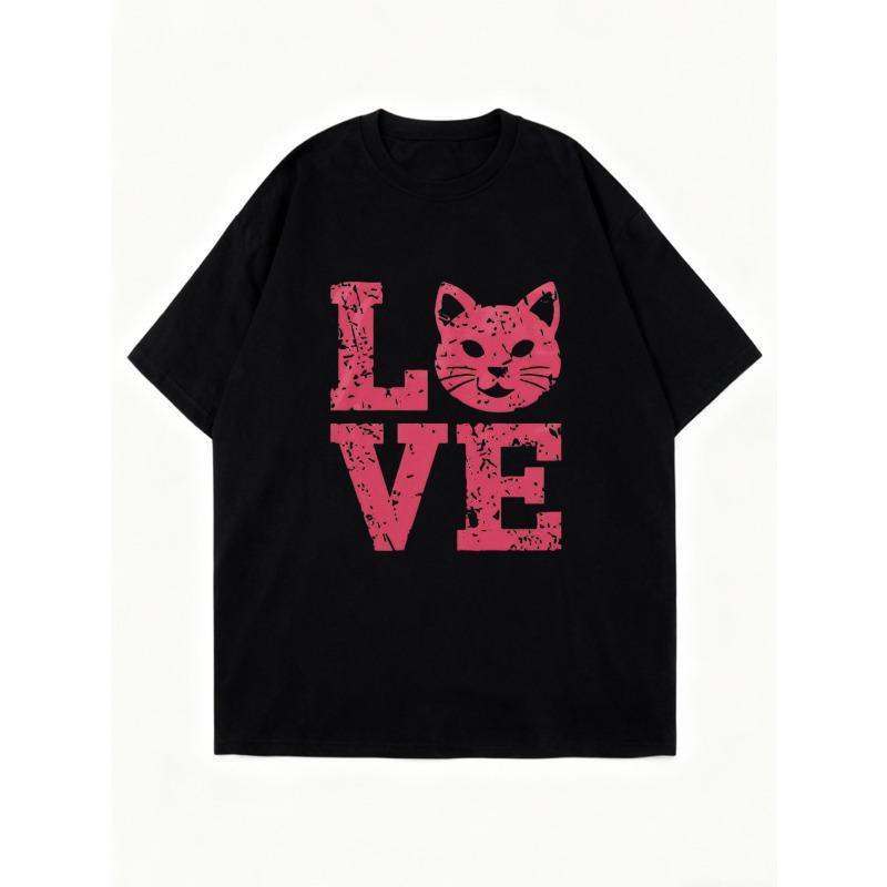Oversized T Shirt Black Love Cat Face Print Casual Wear For Women