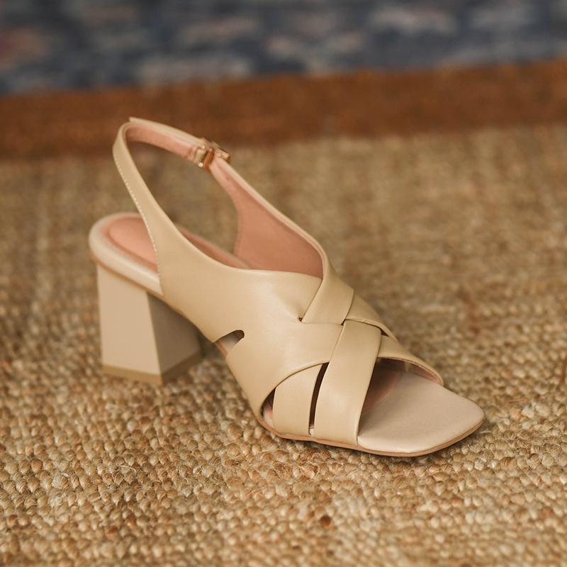 Mode 2025 Élégantes Sandales en Cuir Véritable à Talons Hauts Épais Boucles Chaussures de Bureau Femme Été Sandales Confort Escarpins Talon Femme