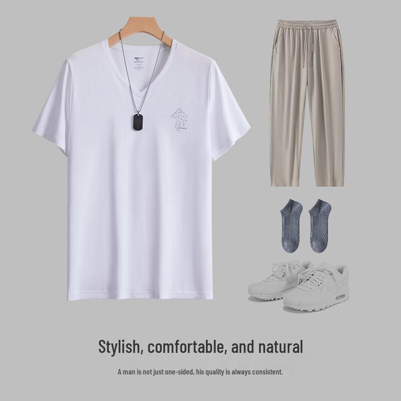 SEPTWOLVES Men's V-Neck 100% Cotton Wolf Print Short Sleeve T-Shirt