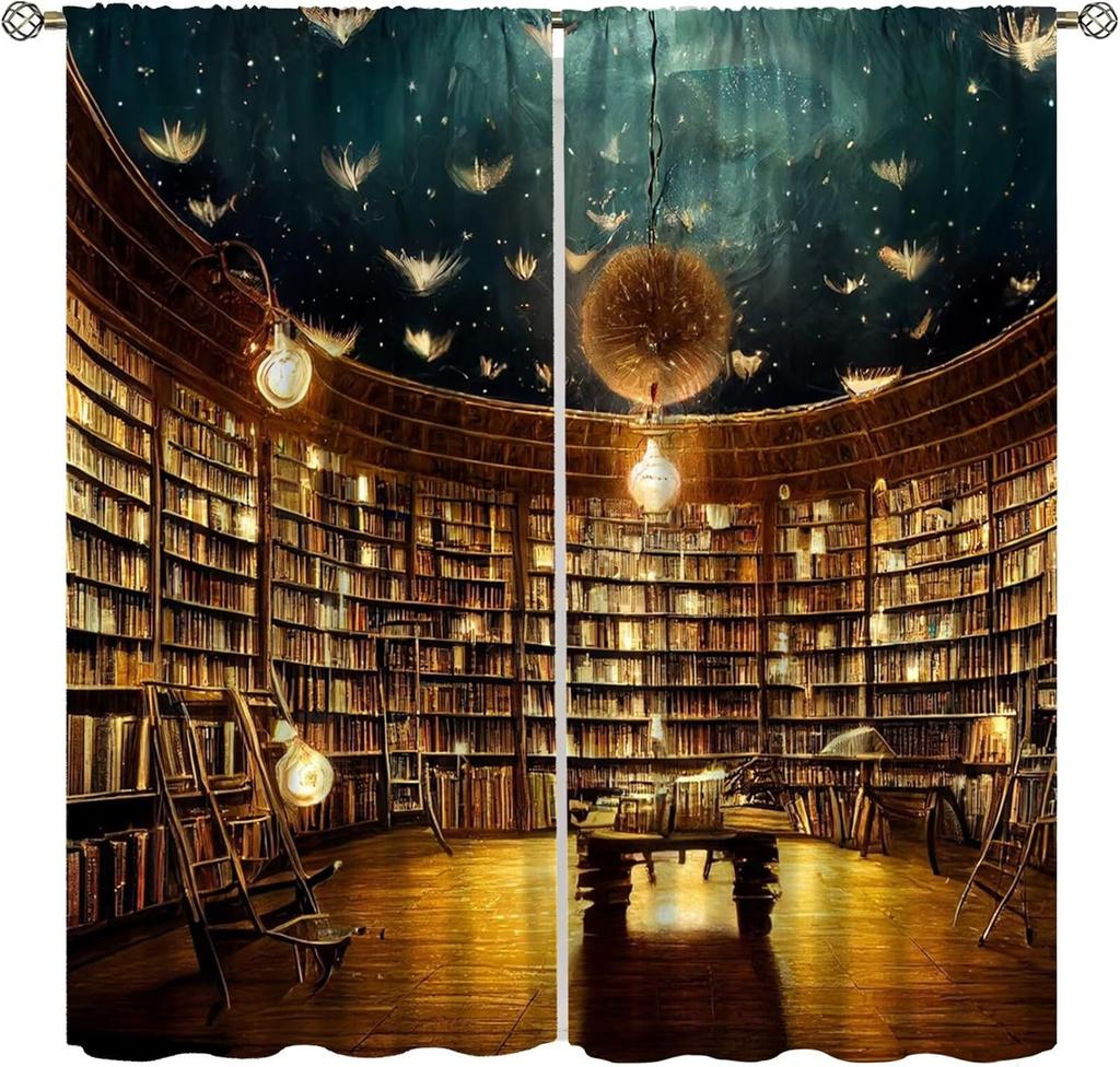 Gothic Bookshelf Curtain Antique Bookcase Spooky Skull Magic Book Halloween Themed Decor Window Kids Teens Adults Curtains Made Of Polyester