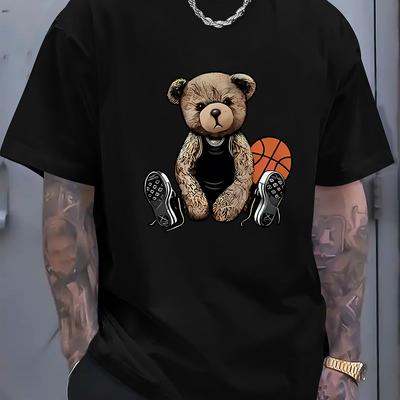 Mens Cotton Crew Neck Short Sleeve T-Shirt - Soft & Breathable Summer Tee with Cool Bear & Basketball Alphabet Print,
