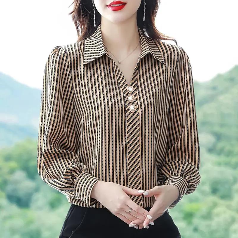 Striped Shirt Ladies Spring and Autumn Mother Western Style Blouse Fashion Chiffon Small Shirt Long-sleeved Shirt