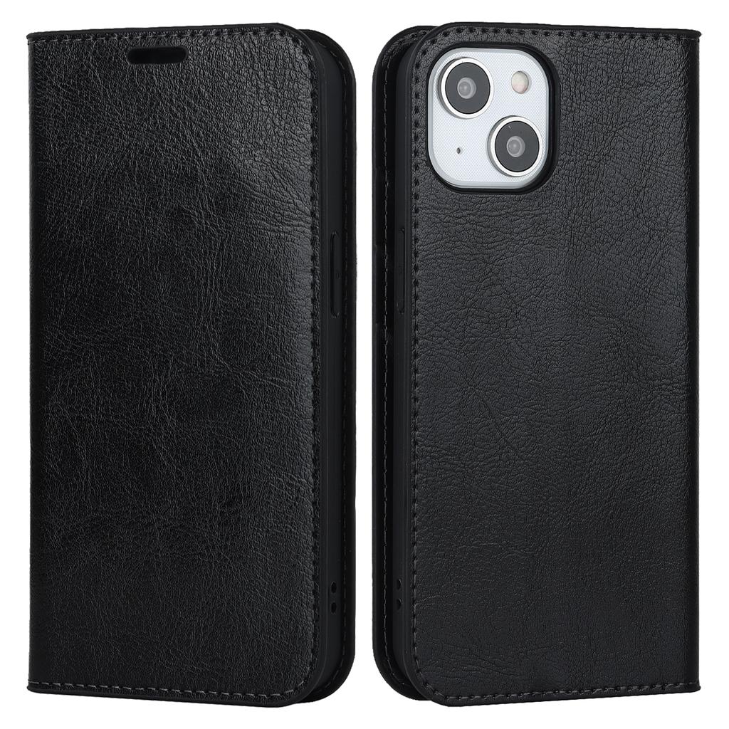 For iPhone 15 Plus Crazy Horse Texture Flip Stand Wallet Cover Genuine Cow Leather Phone Case