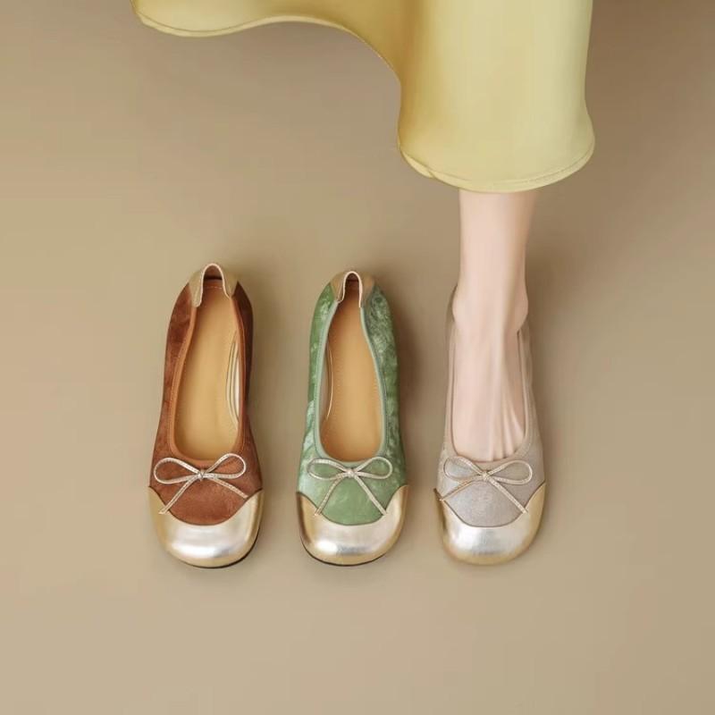 Retro color matching ballet flats women's spring summer bow doll head shoes