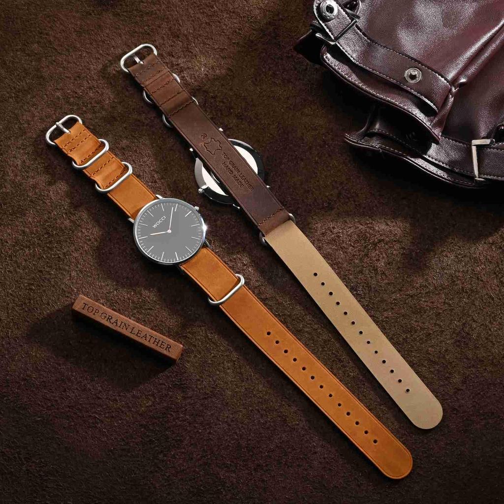 WOCCI Genuine Zulu Leather Watch Replacement Watch Vintage Leather Watch Bronze Brown Strap, 20mm, Band, Band,