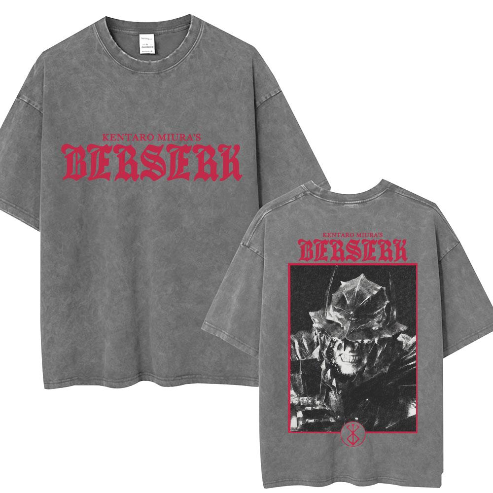 Vintage Washed Anime Berserk Guts T Shirt Swordsman Gatsu Sacrifice Zodd Harajuku TShirt Men Women Loose Cotton Tees Streetwear
