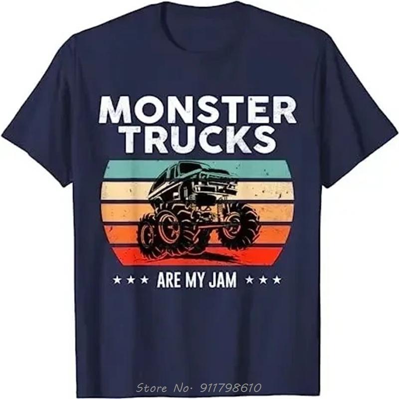 Monster Truck Are My Jam Vintage Tees Retro Sunset Cool Engines T-Shirt Monster Truck Car for Birthday Boy Sons Gifts Cute Tops