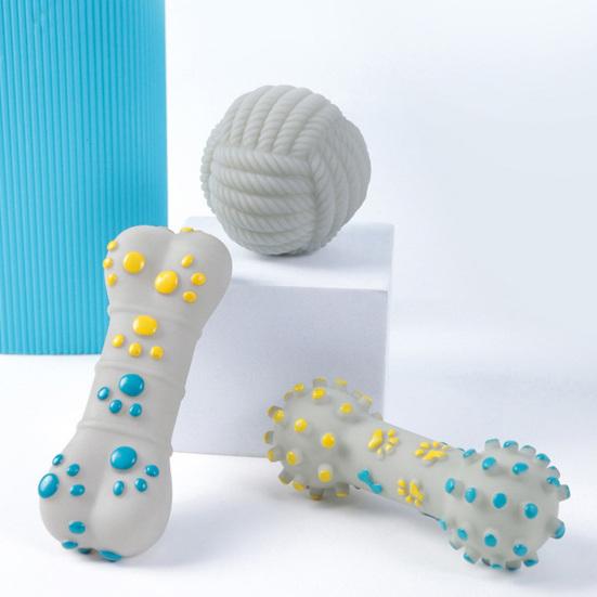 Squeaky Dog Toy Rubber Textured Barbell Bone Ball Dog Chew Toy Teeth Cleaning Toy for Aggressive Chewers Interactive Fetch Play
