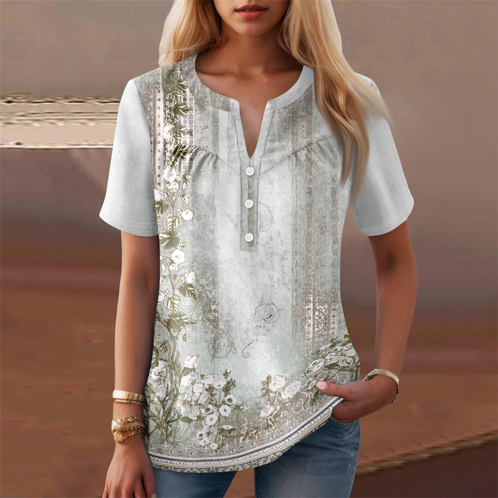 

Жіноча повсякденна футболка з V-подібним вирізом і короткими рукавами з квітковим принтом і декоративними ґудзиками XL білий