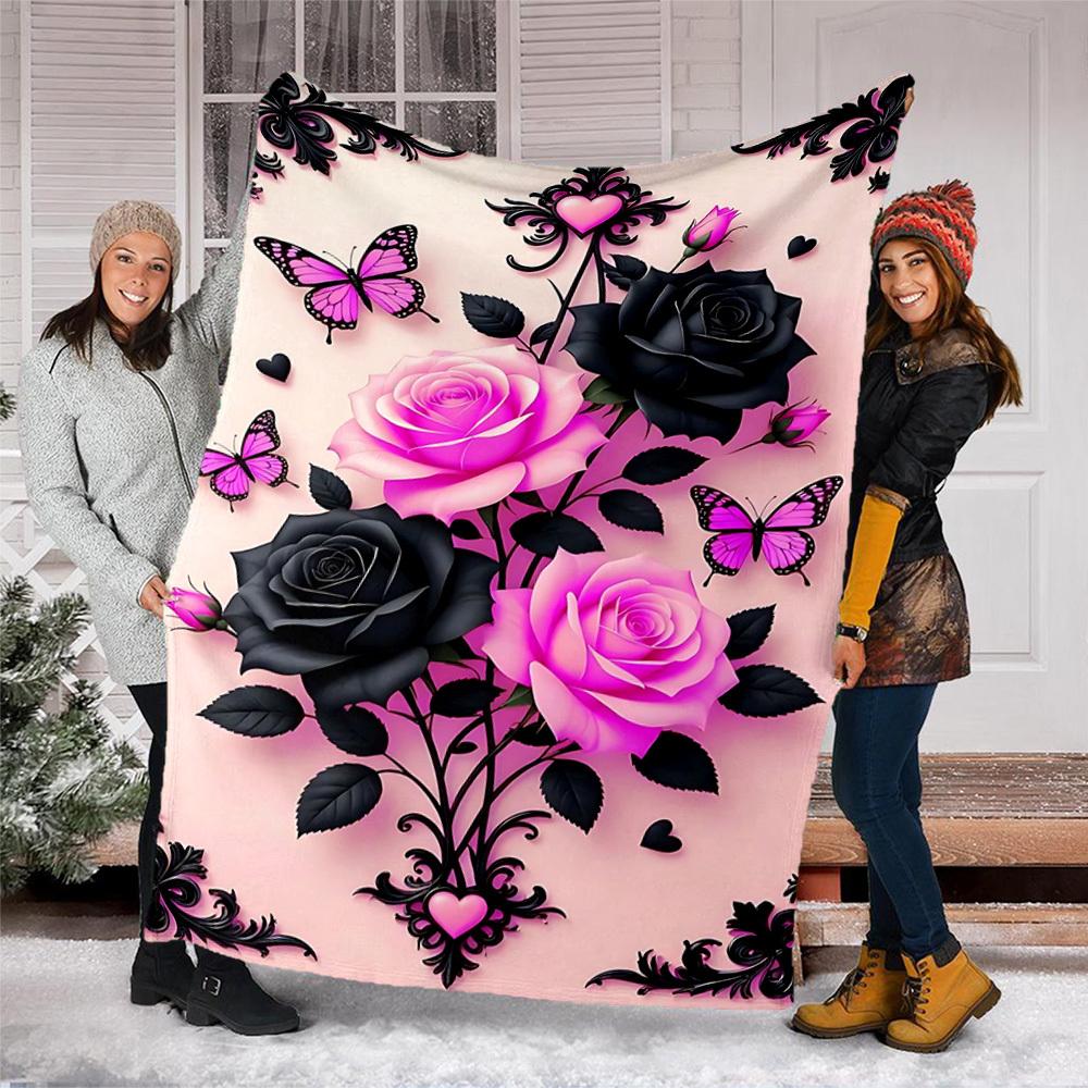 1pc Roses Butterflies Outdoor Blanket - Soft Flannel Cozy for Travel & Camping - All-Season Warm Bed Cover, Machine Washable Yy251229108