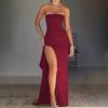 Women's Off Shoulder Ruched Maxi Dress High Slit Bodycon Draped Elegant Evening Party Wedding Guest Dress
