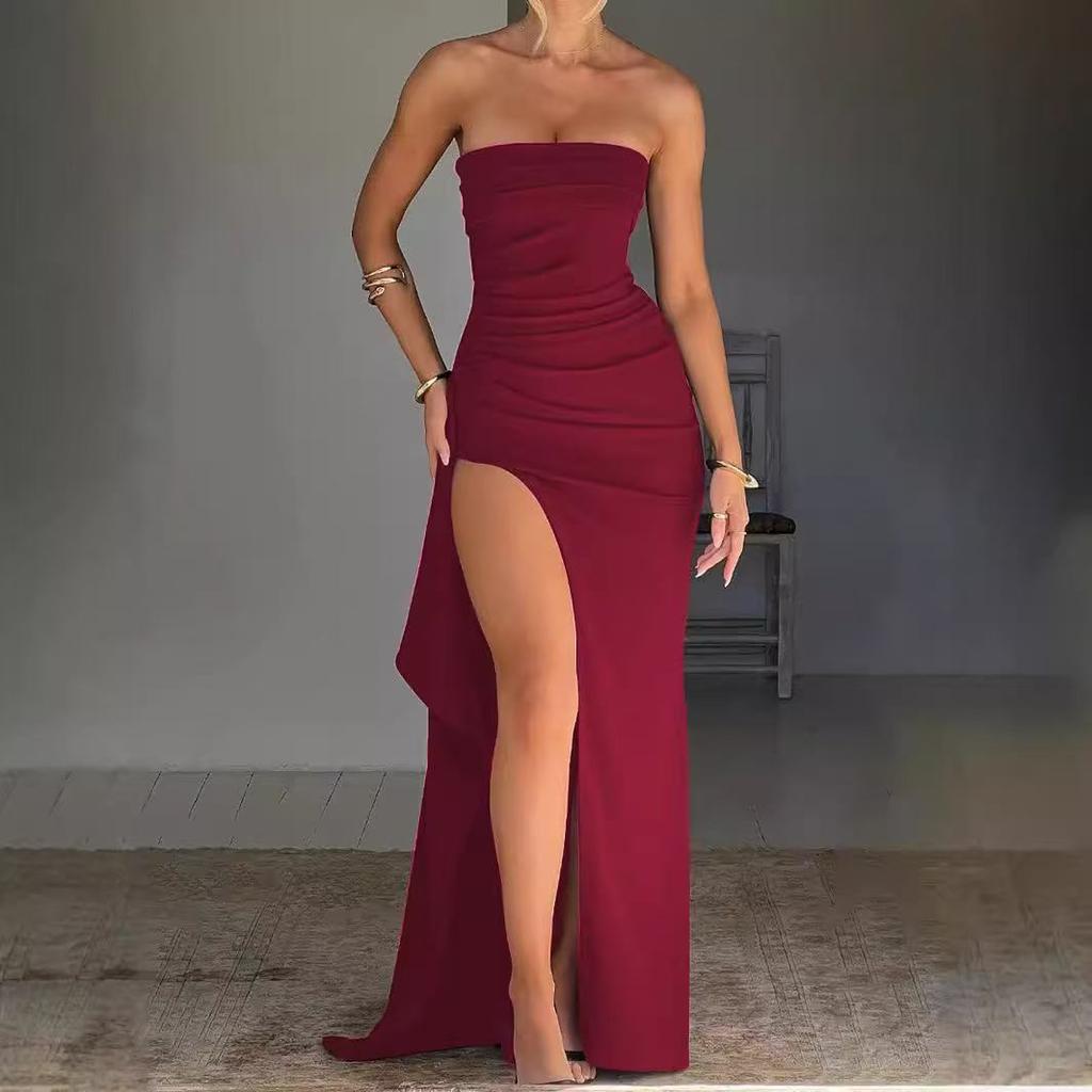 Women's Off Shoulder Ruched Maxi Dress High Slit Bodycon Draped Elegant Evening Party Wedding Guest Dress