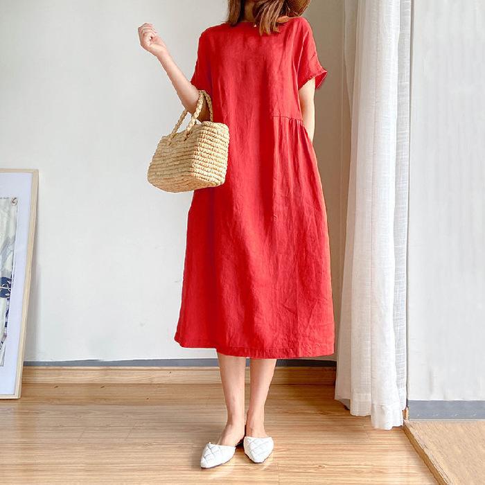 Cotton and Linen Solid Color Loose Dress for Women In Summer