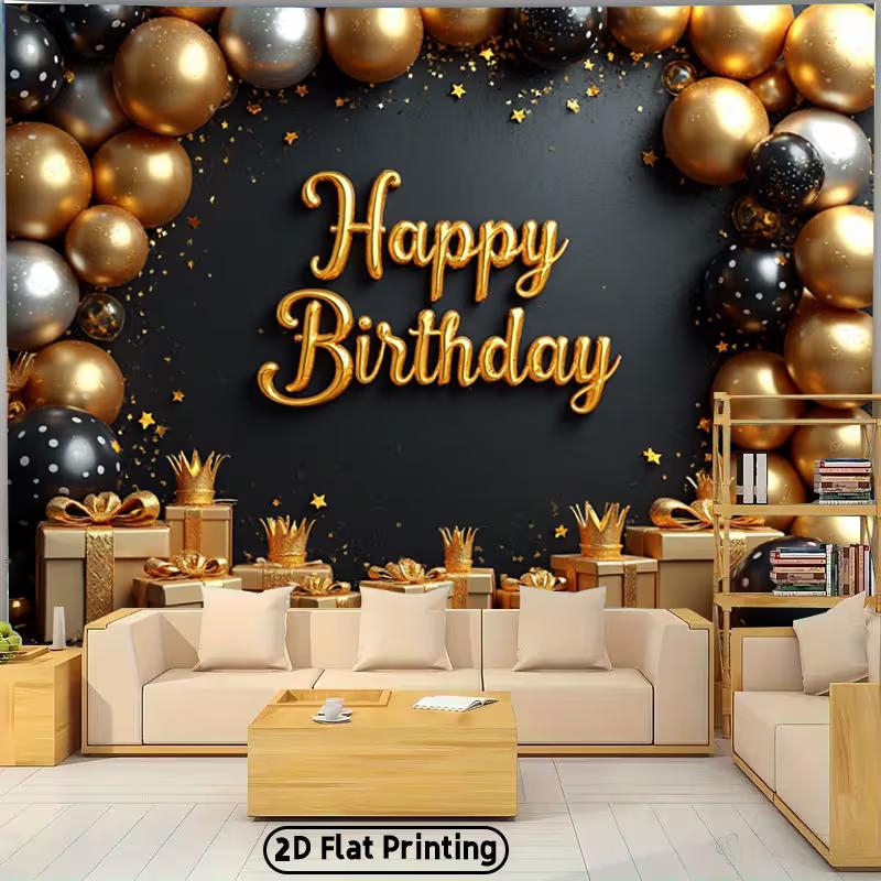 

2D Black Gold Glitter Birthday Backdrop, Gift & Balloon Photo Background 47.2x31.5inch/120*80cm