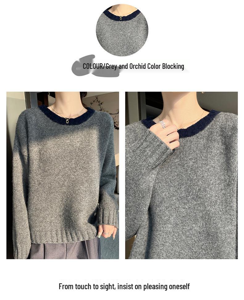 Women's Color Block Pure Wool Round Neck Knit Sweater - Slimming, Loose Fit, Autumn/Winter Style