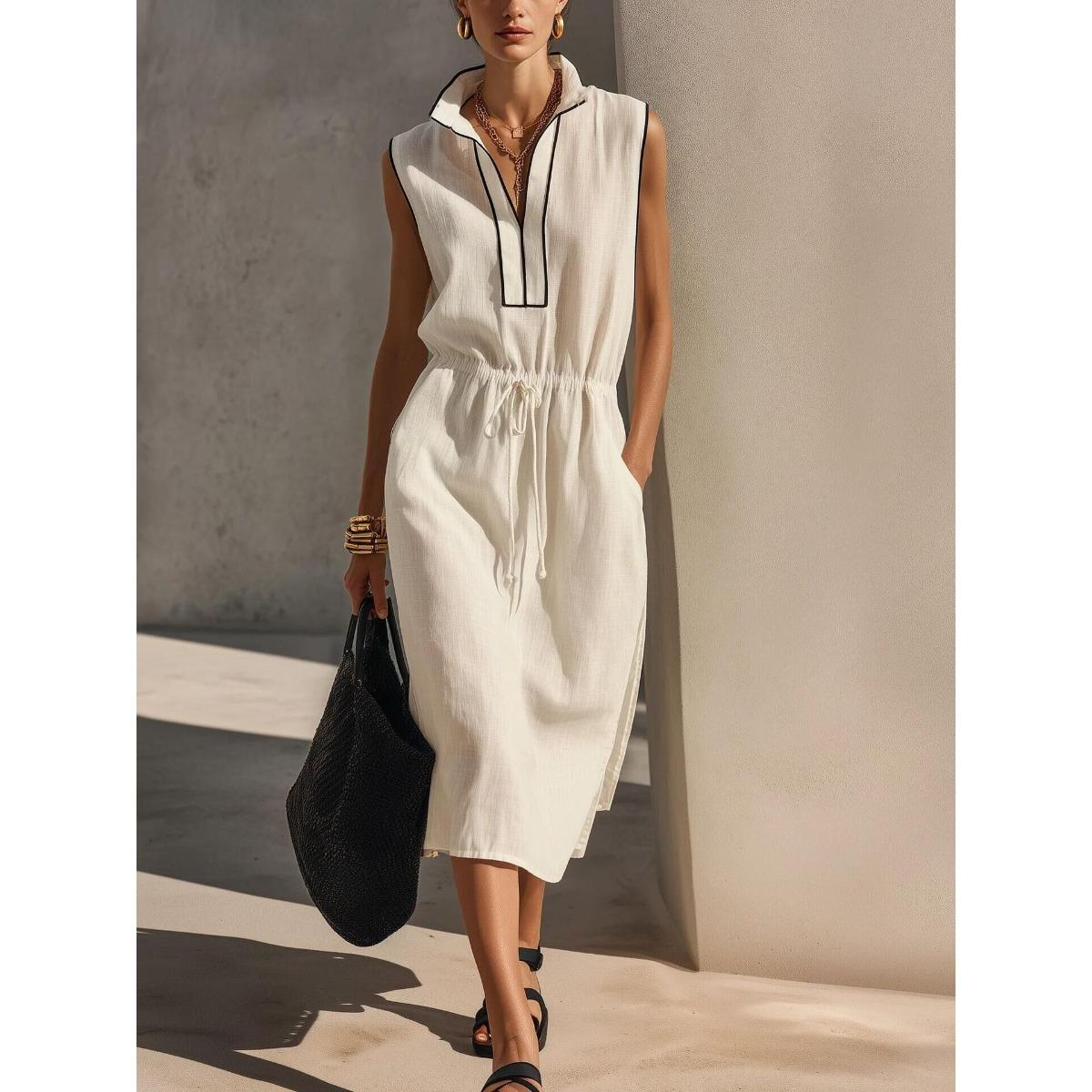 Women s Stand Collar Sleeveless Drawstring Waist Midi Dress Casual Summer S белый