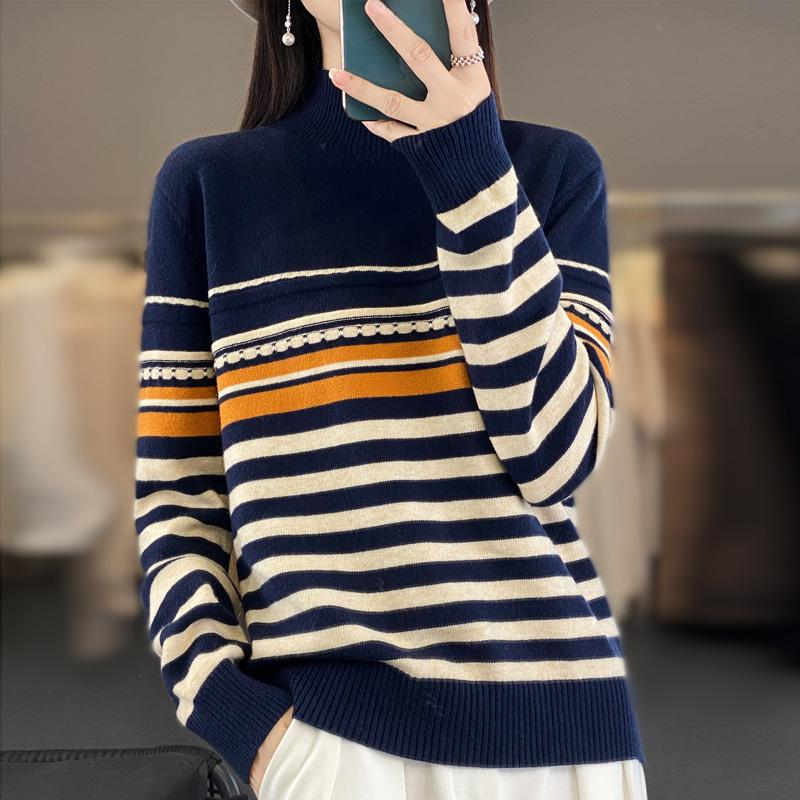 INDFS Women's Fashion Casual Fall Winter Stripe Print Long Sleeve Half Turtleneck Sweaters
