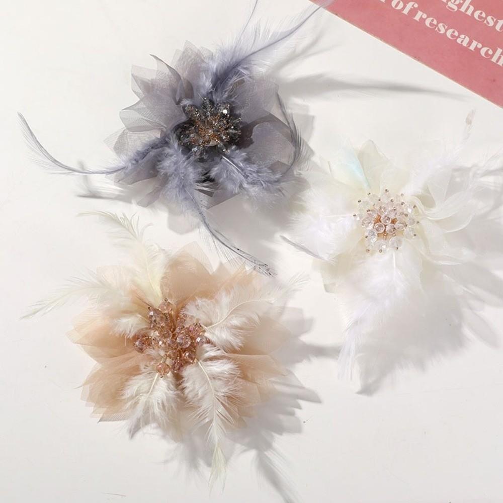 Handmade Feather Brooches Exquisite Pearl Crystal Flower Corsage Hair Accessories Lace Artificial Flower for Pin