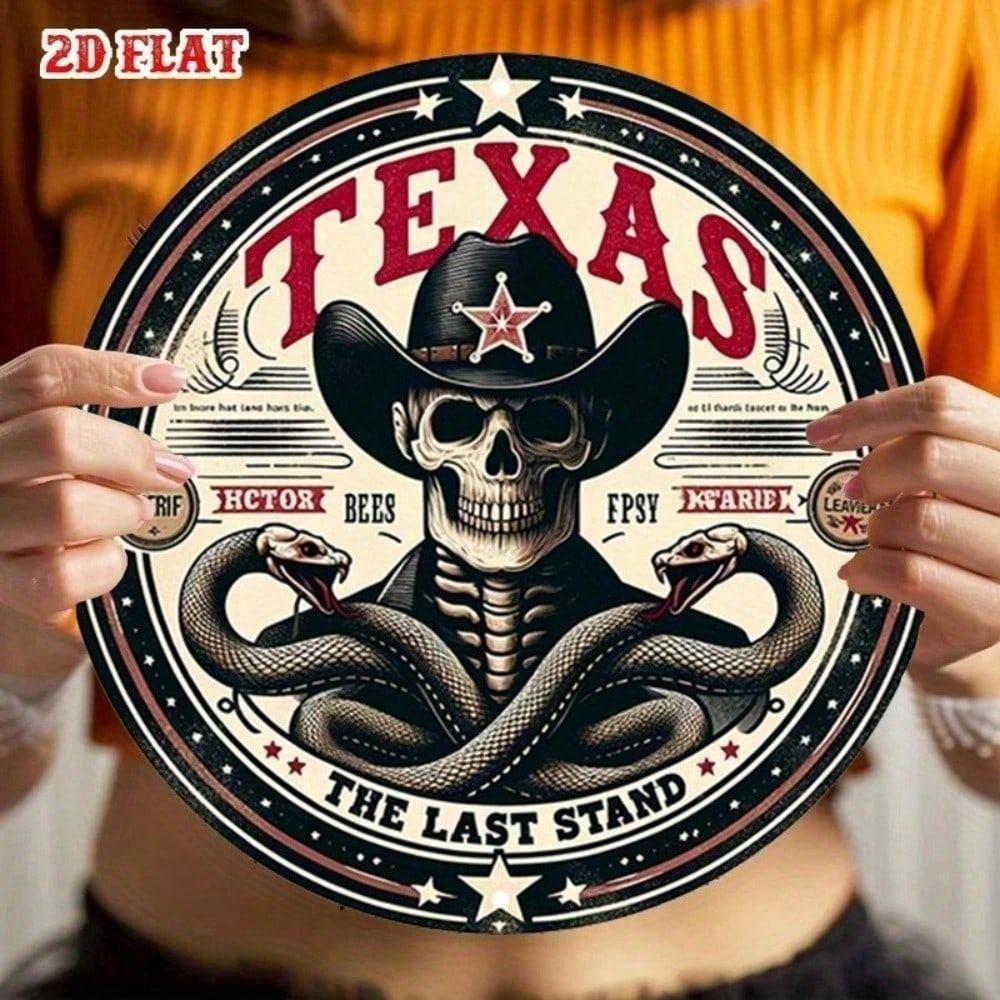 Vintage Metal Tin Sign Cowboy Skull Western Retro Wall Decor Round 8x8 Inch Flat Aluminum Plate Art for Bar Garage Man Cave