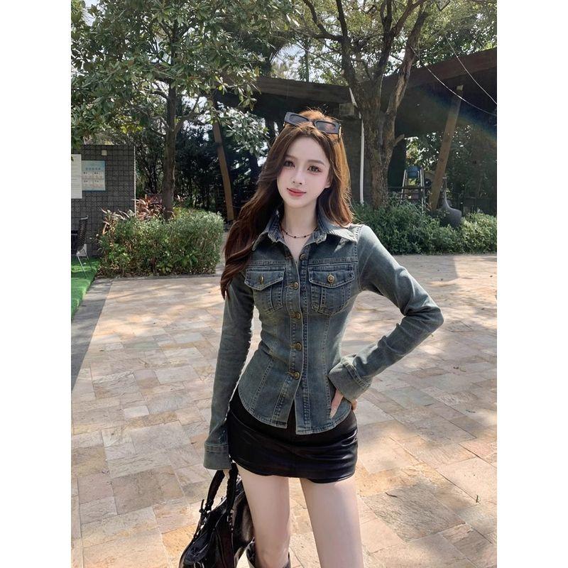 Kumikumi American Retro Washed Blue Denim Shirt Women's Summer Single-Breasted Waist Slimming Jacket Outwear