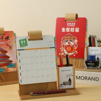 With Pen Holder 2025 Wooden Calendar High Value Pattern Loose-leaf Buckle Desk Calendar DIY Calendar Desktop Calendar Ornament