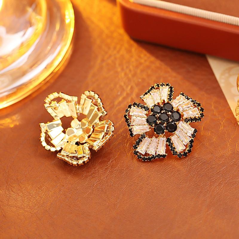 Elegant Hepburn Style Zircon Flower Stud Earrings Women Gold Black Options Sterling Post Fine Jewelry