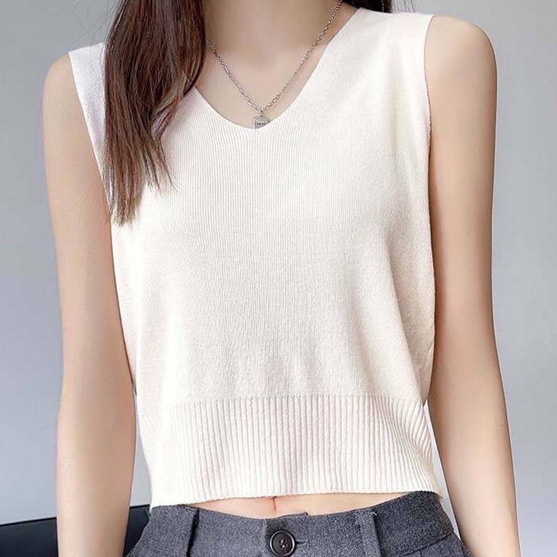 French Solid Color V-Neck Sleeveless Simple Casual Knitted Vest For Women