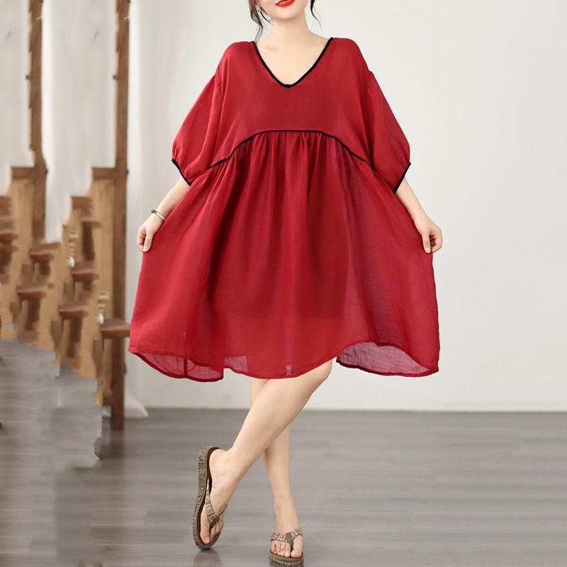 Short Sleeve Plus Size Cotton Vintage New In Dresses for Women Casual Loose Midi Summer Dress