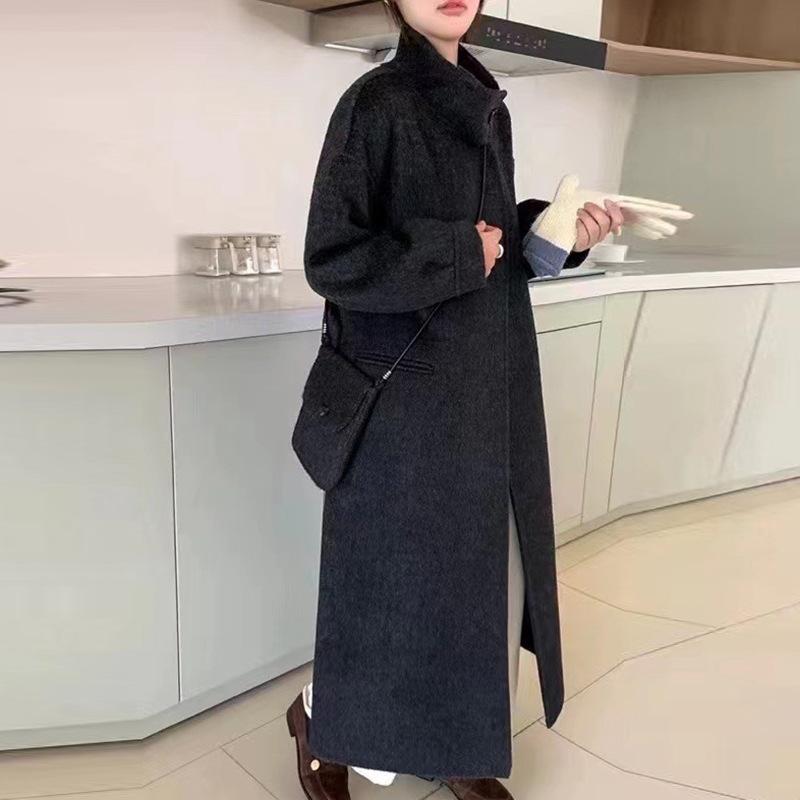 Free messenger bag design stand-up collar double-sided wool coat age-reducing medium and long women's thin woolen coat