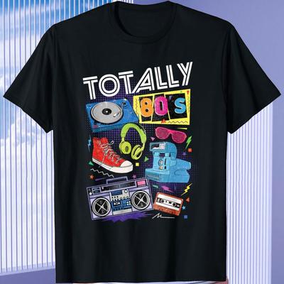 Zabawna koszulka z nadrukiem 3D w stylu retro z lat 80. w stylu vintage, koszulka z krótkim rękawem, prezent na imprezę z lat 80., gramofon, kaseta, styl retro, koszulka z okrągłym dekoltem
