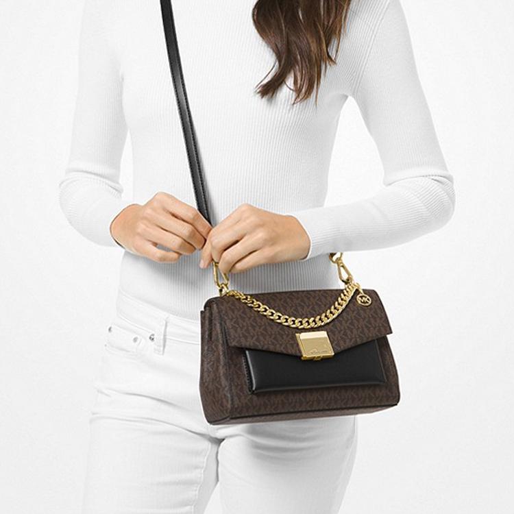 Michael Kors MK Lita Chain Monogram Gold Buckle Double Flap Commuter Canvas Shoulder Crossbody Bag Medium Women Bags Black Brown 35T0GXPL2B-BLACK