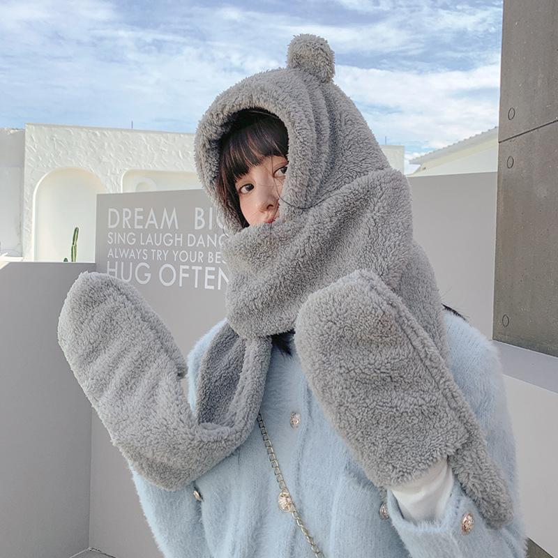 Korean Version of Autumn and Winter Hat Scarf Gloves One Piece Three Piece Warm and Cold Proof Scarf Cute Fashionable Ear-protecting Plush Hat