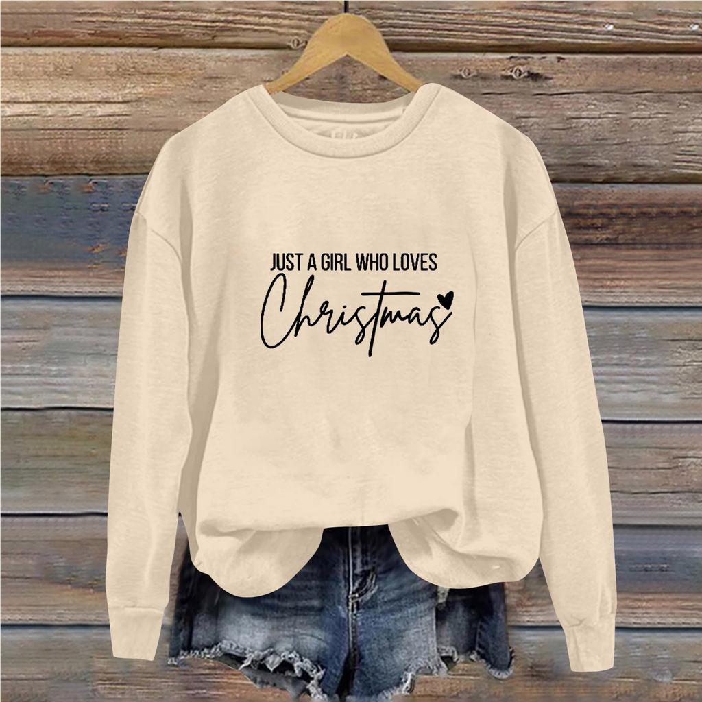 Women's Casual Loose Solid Color Christmas Letter Printed Round Neck Long Sleeved Sweatshirt