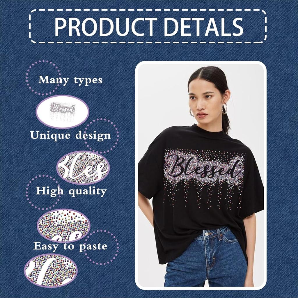 PLIGREAT Colorful Glitter Rhinestone Iron On Patches Bling Blessed Quotes Rhinestone Iron On Transfers for Clothing Jacket Jeans Women Men T Shirt