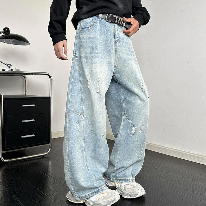 Lichtblauwe gescheurde machete jeans heren Amerikaanse high-end broek rechte losse wijde pijpen broek