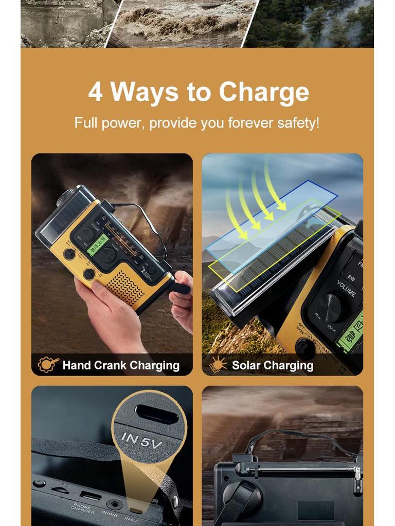 Portable Hand-Crank & Solar Emergency Radio with Multifunctional Lighting for Disaster Preparedness