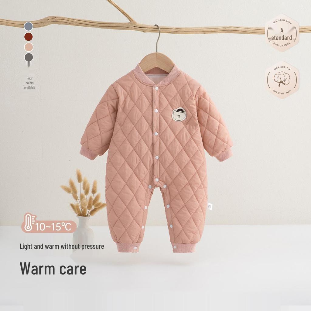 Quilted Cotton-Padded Snap-Front Baby Bodysuit for Boys & Girls - Warm Autumn/Winter Romper & Crawling Suit