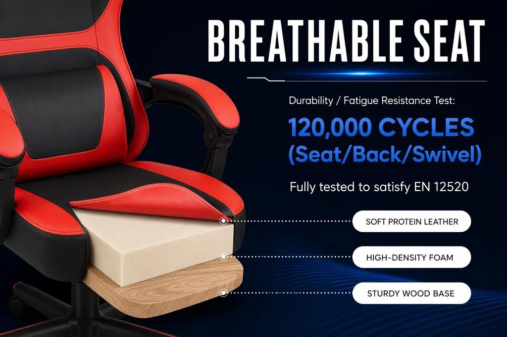 Ergonomic Gaming Chair in Black-Red, Equipped with a Retractable Footrest and a Double Cushion for the Lumbar Area – Home Office and Relaxation Breaks