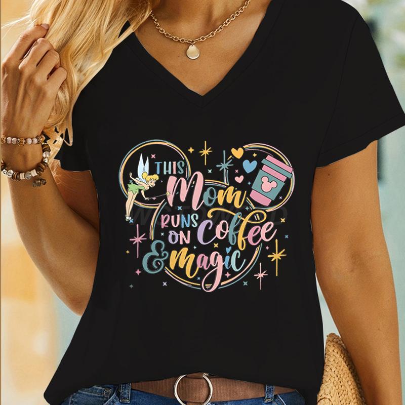 Coffee Lover Gift Tshirt This Mom Runs on Coffee and Magic Graphic T Shirts Women Mouse Ears Cute Coffee Mom Vneck Casual Tops
