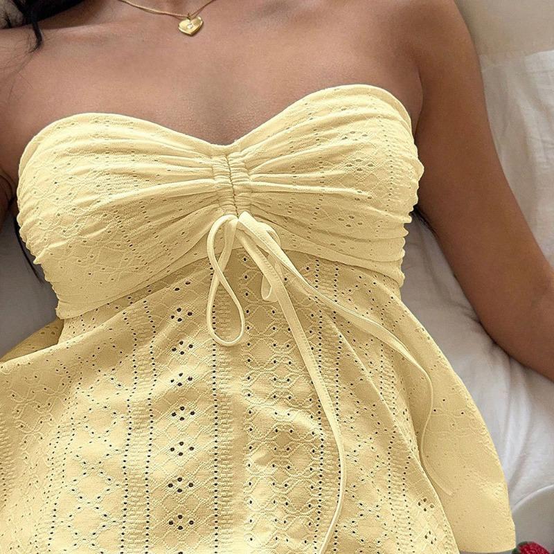 2026 Summer Hollow Out Women Tube Top New Sweet Lace-up Strapless Blouse Slim Fit Loose Sleeveless Top Solid Color Simple A-line Backless Sexy Shirts