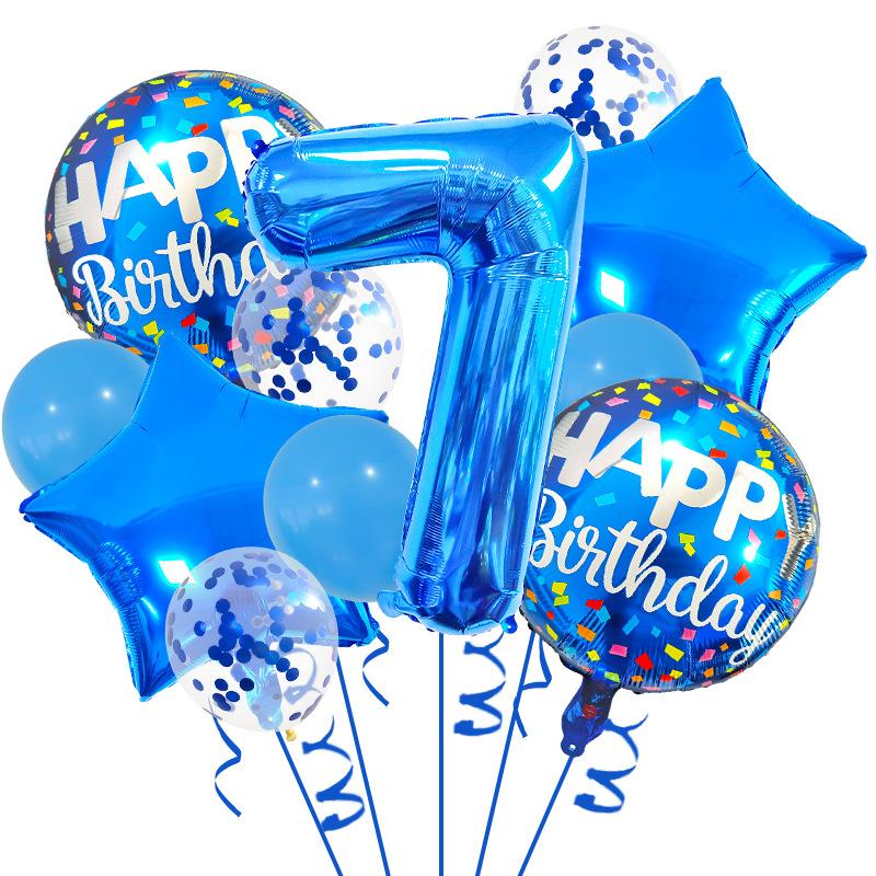 32-Inch Blue Digital Aluminum Film Balloon Set, First Birthday Party Decoration Atmosphere Arrangement