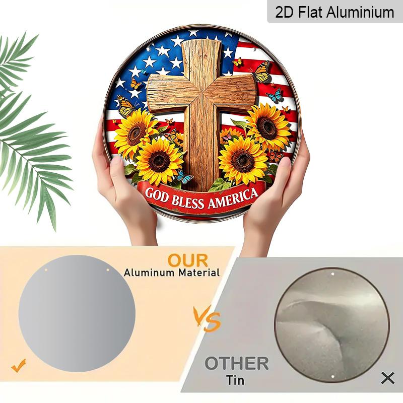 Retro Round Aluminum Wall Decor, American Independence Day Cross & Sunflower Design, Indoor Outdoor Hanging Plaque, Christian Commemorative Gift