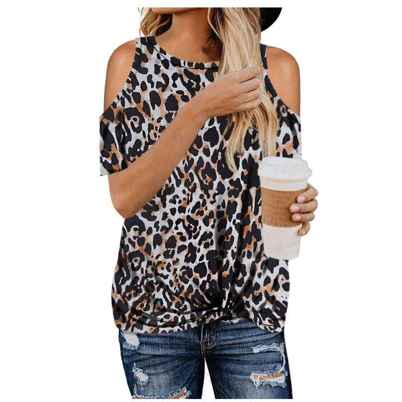 

Женская модная футболка с леопардовым камуфляжным принтом и перекрученным низом, с коротким рукавом Black brown leopard print S