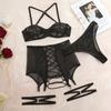 Fun Lingerie Mesh Perspective Strap Hollowed Out Three Piece Set