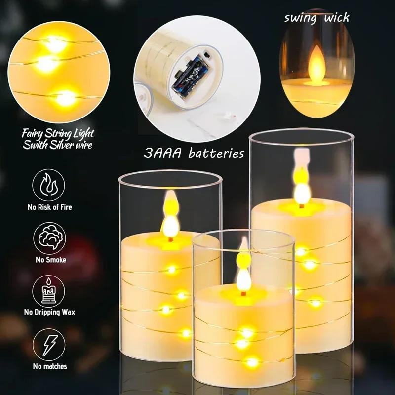 1/2 Pcs LED Flameless Electronic Candle Lights Clear Acrylic Candle Recessed Flickering StringLamp Battery Powered Wedding Party